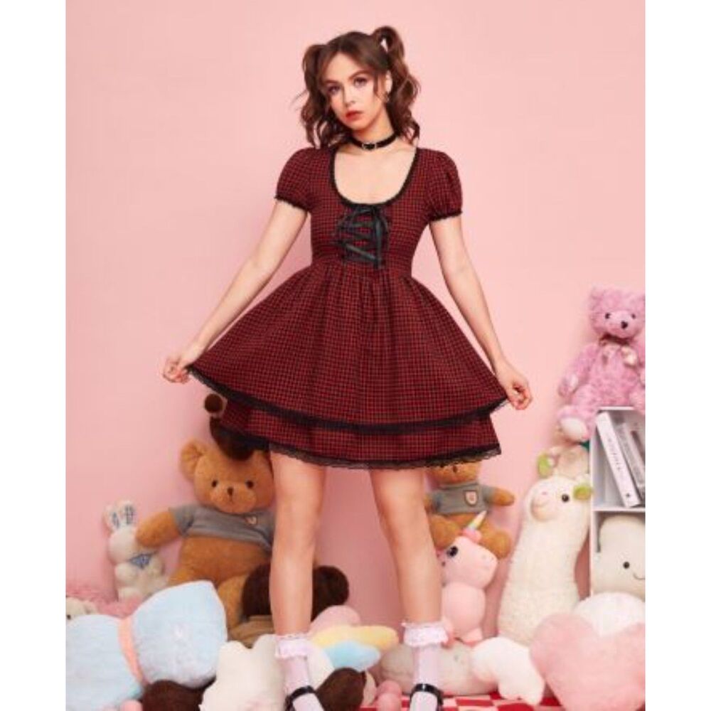 Romwe A Line Dress M Women's Red Gingham Lace Up Layered Hem Puff Sleeve Kawaii